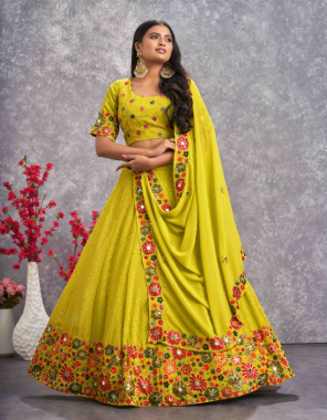 flouracent green lehenga / choli - georgette  | lehenga belt work - thread with sequence embroidered and mirror work (length - 42 inch )(semi stitched)| choli work - thread with sequence embroidered work (length - 1 mtr) (unstitched) | dupatta - georgette | dupatta work - thread work sequence ,embroidered and mirror work (length - 2.30 mtr)  | size - upto 42 bust and waist  fabric embroidery  work wedding 