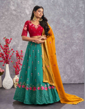 firozi blue lehenga / choli - georgette  | lehenga belt work - thread with sequence embroidered and mirror work (length - 42 inch )(semi stitched)| choli work - thread with sequence embroidered work (length - 1 mtr) (unstitched) | dupatta - georgette | dupatta work - thread work sequence ,embroidered and mirror work (length - 2.30 mtr)  | size - upto 42 bust and waist  fabric embroidery  work festive 