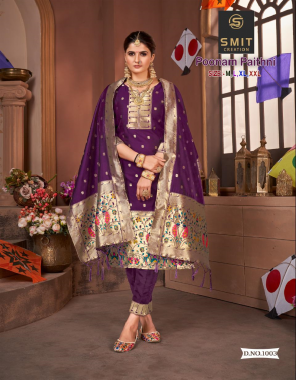purple top - pure tapela silk with paithani pattern | bottom - pure tapeta pant with border less | dupatta - pure tapeta |length - 45 fabric printed  work festive 