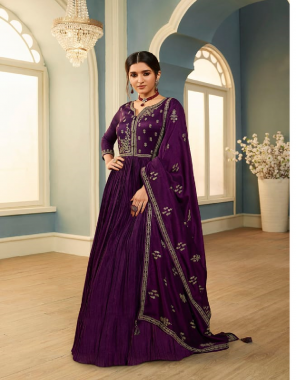 purple crushed silk georgette gown with embroidery work (length - 55) | embroidered silk georgette dupatta  fabric embroidery work wedding 