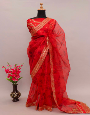 red soft pure organza | work - digital print , with sequins border and reach pallu ( blouse will be come as shown in work) (master copy) fabric sequence work wedding 