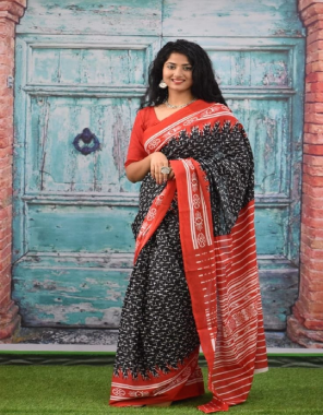 red imported cotton pochampally style printed saree with running blouse (6.40 meter)  fabric printed work ethnic 