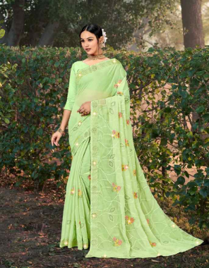 parrot green fancy simar chiffon with embroidery & swarovski work with jhalar  fabric embroidery  work festive 