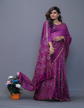 purple tafetta silk | blouse - running blouse | work - blocks print and jacquard weaving border with rich printed pallu (master copy) fabric printed work festive 