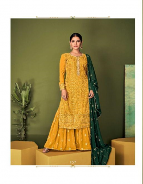 mustard top - real georgette | plazzo - real georgette | dupatta - real georgette (full stitched free size) fabric embroidery work wedding 