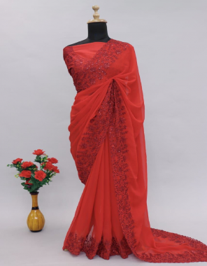 red soft pure georgette | work - viscose embroidery work of sequins thread , and also attached with beautifully worked on border sequins | blouse will be come mono fabric in red color as shown work fabric embroidery work wedding 