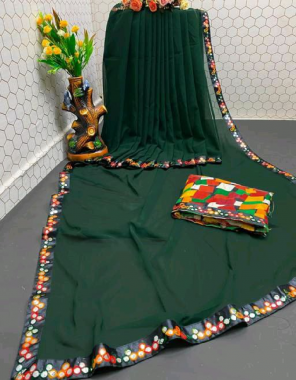 dark green georgette (5.50 mtr) | lace work | blouse - satin banglori silk (1 mtr) fabric embroidery work festive 
