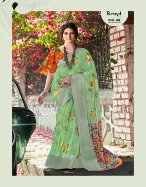 pista green soft organza digital print saree crafted with silver zari patta in weave | blouse - soft cotton with mirror work  fabric printed work wedding 