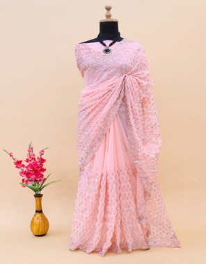 baby pink georgette | work - beautiful sequence chex design in body with zari thread and sequence work in border | craft - embroidery purity pure | blouse - georgette | work - beautiful embroidered sequence and zari dori work (unstitch 0.80 ) (master copy) fabric embroidery work wedding 