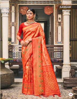 orange kanjeevaram silk fabric printed work wedding 