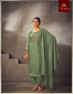 mahendi kurti & pant - roman silk | dupatta - viscose embroidery | kurti length - 45 | pants length - 36 fabric embroidery  work wedding 