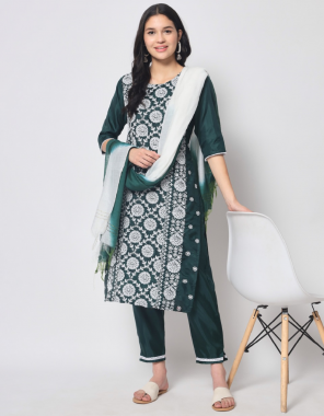 dark green kurti - south silk with embroidered work | pant - south silk | dupatta - cotton silk with zalar (2.20 mtr) fabric embroidered work ethnic 