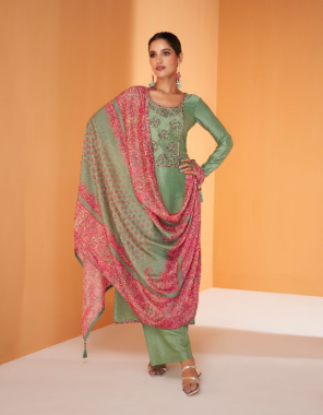 pista green top - pure muslin silk | bottom - jam satin silk | dupatta - pure erik silk  fabric printed  work festive 