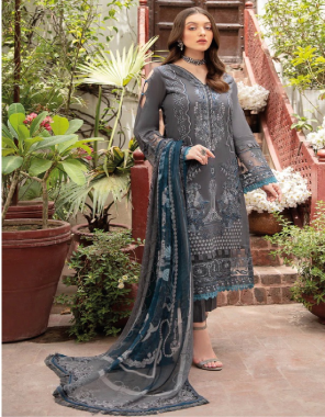 grey top - cotton with heavy self embroidery & embroidery patch | bottom - cotton solid | dupatta - cotton mal mal print (pakistani copy) fabric embroidery  work wedding 