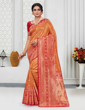 orange kanjeevaram silk fabric printed  work festive 