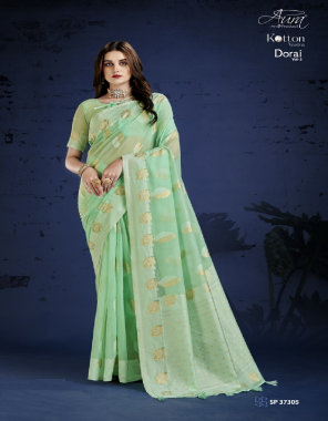 pista green soft cotton with weaving and (resham + golden jari butta ) work border and pallu | blouse - cotton silk  fabric weaving work festive 