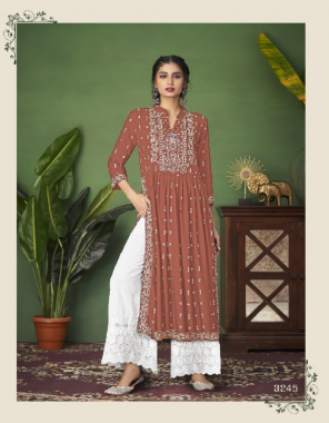 brown top - heavy pure rayon with digital print | bottom - masleen with lackhnavi work on salwar  fabric printed work wedding 