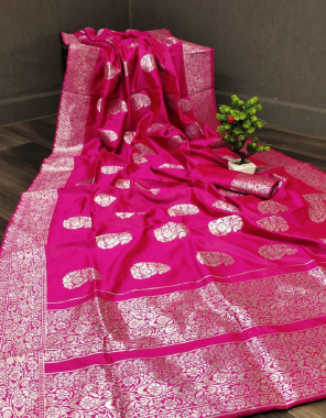 pink silk saree with weaving silver zari | heavy pallu with zari wooven border | check border with blouse  fabric weaving  work festive 