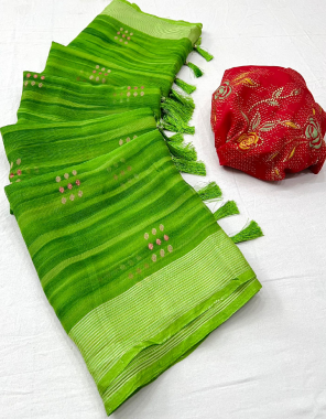 parrot green designer moss chiffon with zari lace  fabric weaving  work festive 