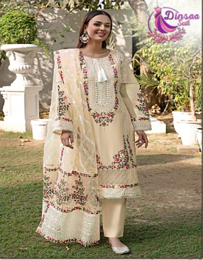 off white top - heavy georgette | embroidery work | dupatta - net embroidery |bottom / inner - santoon (pakistani copy) fabric embroidery   work wedding 