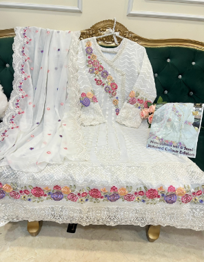 white georgette chikankari style embroidery semi flare with santoon inner and bottoms (4 mtrs) and georgette beautiful embroidered dupatta handwork patches provided for neck  fabric embroidery   work wedding 