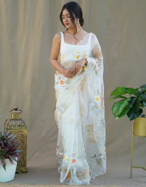 white fabric - organza | work - cut work | digital print | hand printed work | blouse - foil work | satin bangalori fabric | white color of saree fabric printed  work ethnic 