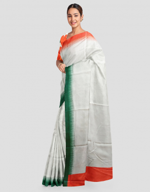 white independence day special | handloom woven linen | crafted with fancy tassels on pallu | unstitched linen blouse piece | saree size (5.50 mtr) | blouse piece - (0.80 mtr) fabric printed  work ethnic 