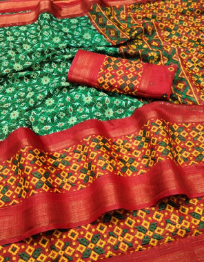 dark green cotton silk saree with unstitched blouse  fabric printed  work festive 