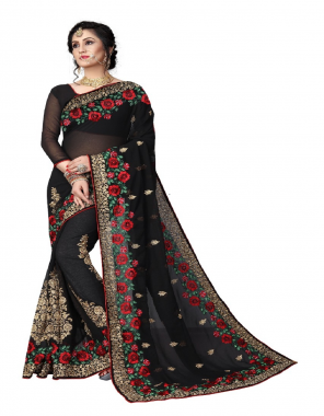 black designer georgette saree with multi resham & zari | embroidery work with heavy zari border | saree size - 5.50 mtr | blouse - 0.80 mtr fabric embroidery  work wedding 
