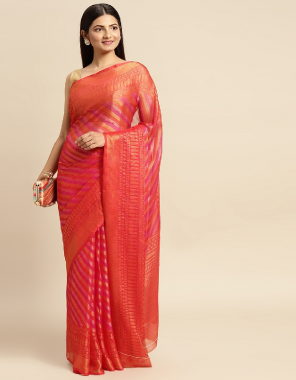red chiffon brasso silk saree with un stitched blouse  fabric printed  work wedding 