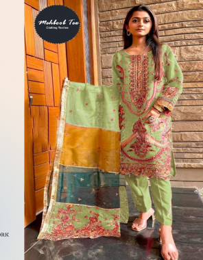 parrot green top - organza | dupatta - organza | bottom and inner - santoon (pakistani copy) fabric embroidery  work festive 