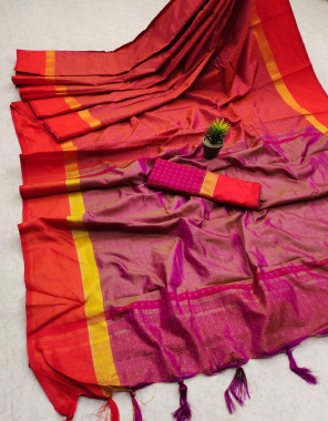 red soft silk saree with un stitched blouse  fabric printed  work wedding 