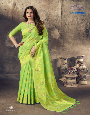 parrot green fabric - soft cotton | weaving with golden jari work pallu | blouse - cotton silk  fabric printed  work ethnic 