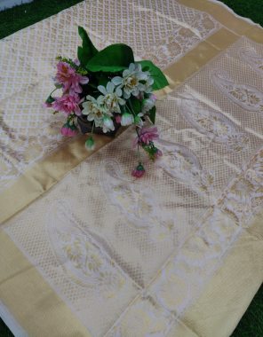 cream fabric - soft lichi silk | work - beautiful rich pallu & jacquard work on all over the saree | saree length - (5.50 mtr) | blouse fabric - soft lichi silk | work - exclusive jacquard border | unstitched blouse - (8.0 mtr) fabric printed  work wedding  