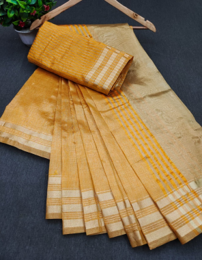 yellow cotton silk saree with un stitched blouse  fabric printed  work festive 
