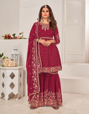 maroon top - blooming faux georgette with embroidery work | dupatta - blooming faux georgette with embroidery work | plazo - blooming faux georgette with embroidery work (master copy) fabric embroidery  work festive 