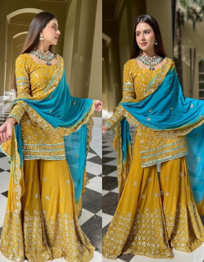 yellow top - georgette - embroidery with 9mm sequence (stitching type - full stitch upto 42)| inner - crep | sharara - georgette (upto 44 full stitch with elastic) | inner - crepe | work - embroidery  with 9mm sequence | dupatta - georgette with digital print | embroidery with sequence  fabric embroidery  work wedding 