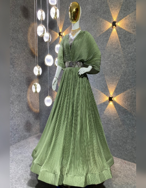 parrot green gown - crush shinone fabric (inner - micro cotton ) | gown size - (xl 42 , xxl - 44) | gown length - 54 - 55 | top - position print with 3mm sequence work (inner - micro ) | top work - 3mm sequence work , multi needle work , coding work , embroidery work , zari work )| type top - fully stitched (xl - 42 , xxl - 44) / fully long  sleeves with kamar belt |  fabric embroidery  work wedding 