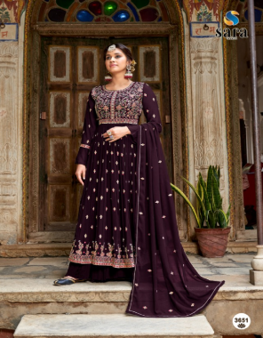 wine top - georgette with heavy embroidery work (naira cut) | inner - heavy santoon | plazo - georgette fancy stitched | dupatta - georgette with embroidery work  fabric embroidery work wedding 