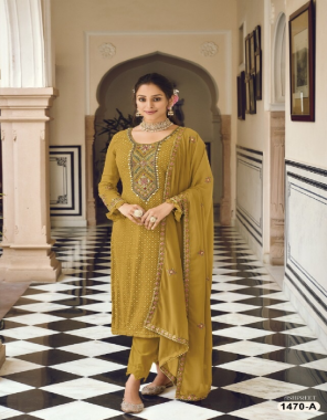 mustard top - heavy faux georgette with embroidery 5mm sequence work | sleeves - heavy faux georgette with embroidery 5mm sequence work | dupatta - heavy faux georgette with 4 side embroidery work with 5mm sequence work | bottom - bottom cut (2.30 mtr) | heavy santoon silk bottoms | top inner - heavy santoon with joint top | bottom - heavy santoon without stitching | length - max up to 47 | size - front 0.75 points | back 0.75 points | front - 30