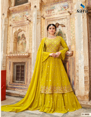 yellow top - georgette with heavy embroidery work (naira cut) | inner - heavy santoon | lehenga - georgette with embroidery work | dupatta - georgette with embroidery work | top and lahenga stitched free size  fabric embroidery work wedding 