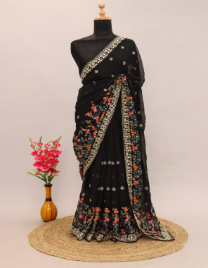 black the pure georgette silk saree | multi stitch embroidery work | piping border | using viscose thread only | beautiful raw silk blouse  fabric embroidery work wedding 