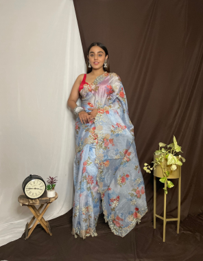 sky blue fabric - khadi organza | work - cut work blouse will be  come plain red satin banglori  fabric embroidery work wedding 
