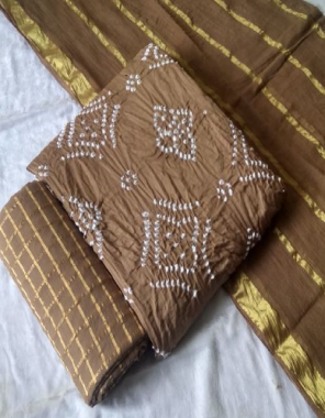 brown top - cotton satin bandhej print (2.50 mtrs) | bottom - fancy original gold chaks (2.25 mtrs) | dupatta - cotton mal mal (2.25 mtrs) fabric printed  work wedding 