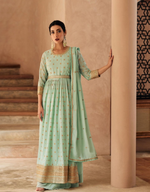 pista green top - chinnon and real georgette (free size stitch) | plazzo - chinnon and real georgette (free size stitch) | dupatta - chinnon and real georgette (xl free size stitchded) fabric embroidery work wedding 