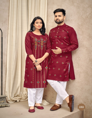 red kurti - top - pure cotton with multi colour foil print & stylist pattern | pant - pure cotton stitched pant with pocket | kurta - kurta - pure cotton with multi colour foil print & pocket with exclusive button | payjama - pure cotton stitched | size - m(41) | l (43) | xl (45) | xxl (47) | note - for men kurta size chart attached fabric embroidery  work wedding 