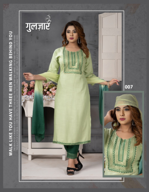 pista green fabric - heavy rayon slub | concept - heavy sequence work | kurti with pant | double dying dupatta | length - 44