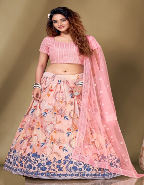 baby pink  top - fancy sequin work with multi embroidery | lehenga - pure viscose georgette fabric | embelished with sequin and multi embroidery work | dupatta - fancy net | sequin and multi work border | size - 36(ready) 2 - inch margine extended 40 | sleeves inside fabric embroidery  work wedding 