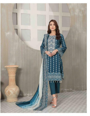 sky blue heavy lawn cotton | karachi print  fabric embroidery  work festive 