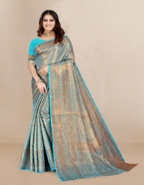 sky blue saree fabric - kanjivaram silk with copper zari | blouse - kanjivaram silk fabric printed work festive 